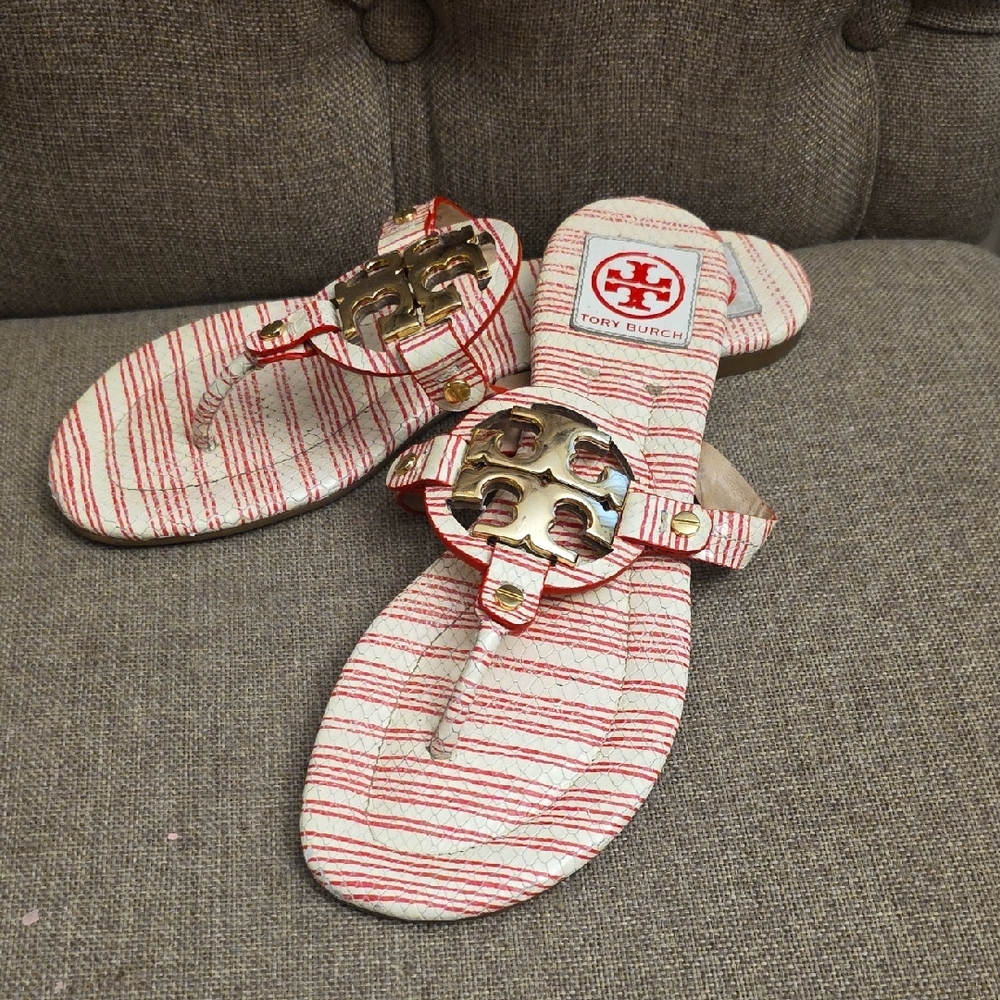 Tory Burch Striped Red and White Sandals